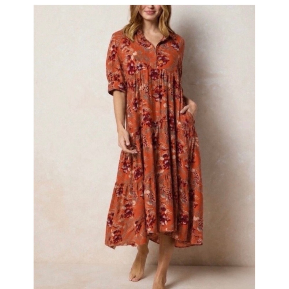 Natural Life Orange Floral Tiered Maxi Dress Short Puff Sleeve Boho Pockets XL